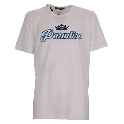 Cotton T-Shirt with Paradiso Logo Crown Print White Blue