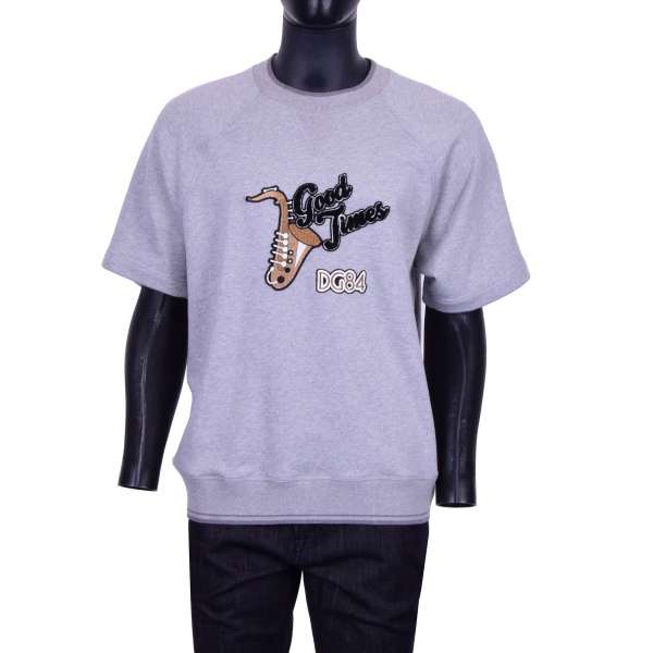 Short Sleeves Sweater / Sweatshirt "GOOD TIMES" with embroidered Trumpet at front and embroidered inscription DGFAMILY at the back by DOLCE & GABBANA Black Line