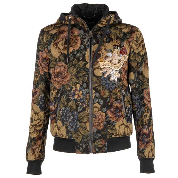 Floral jacquard bomber jacket with angel and crown embroodery, hoody with PARADISO lettering, leather and knit details and zipped pockets by DOLCE & GABBANA