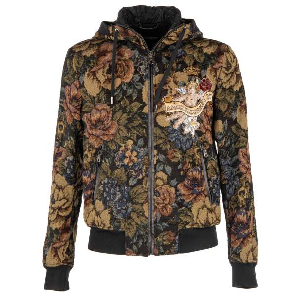 Bomber Jacke aus Blumen Jacquard mit Engel und Krone Stickerei, Kapuze mit PARADISO Schrift, Leder und Strick Details und Taschen mit Reißverschluss von DOLCE & GABBANA