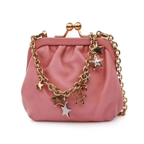 Clutch Portemonnaie Tasche / Schultertasche aus Lammleder mit Kristall Sternen Kettenriemen in Pink und Gold von DOLCE & GABBANA