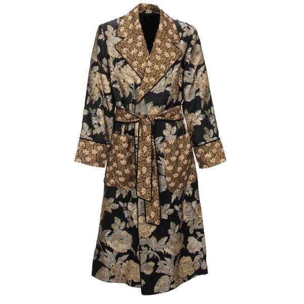 Roses and Flower Jacquard Coat / Robe with large shawl collar in black and gold by DOLCE & GABBANA