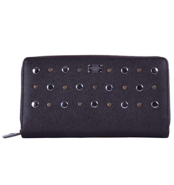 Unisex long zip-around dauphine leather wallet embellished with studs and logo detail by DOLCE & GABBANA Black Label