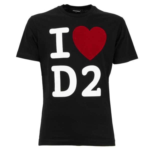 Baumwolle T-Shirt mit I Herz D2 Logo Samt Herz Applikation und Print in Schwarz, Rot und Weiß von DSQUARED2
