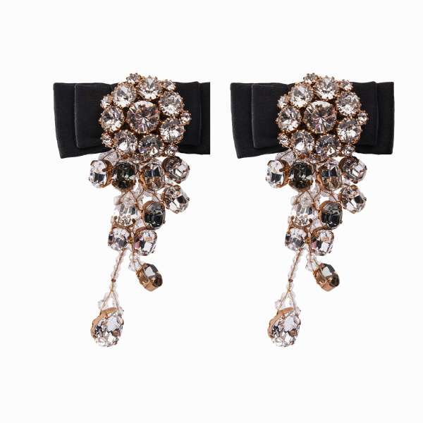 Chandelier Clip Earrings adorned with silk bows, filigree elements and crystals in black and gold by DOLCE & GABBANA