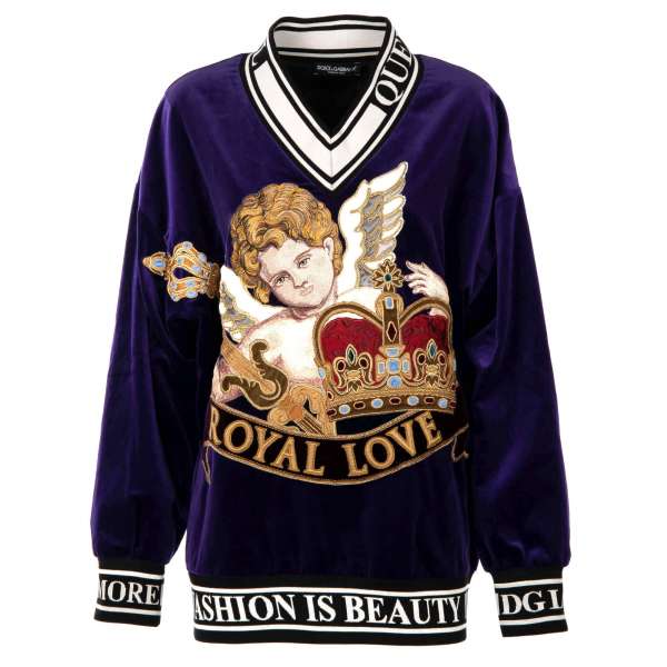 Oversize long velvet sweater / sweatshirt ROYAL LOVE with Angel and Crown embroidery by DOLCE & GABBANA