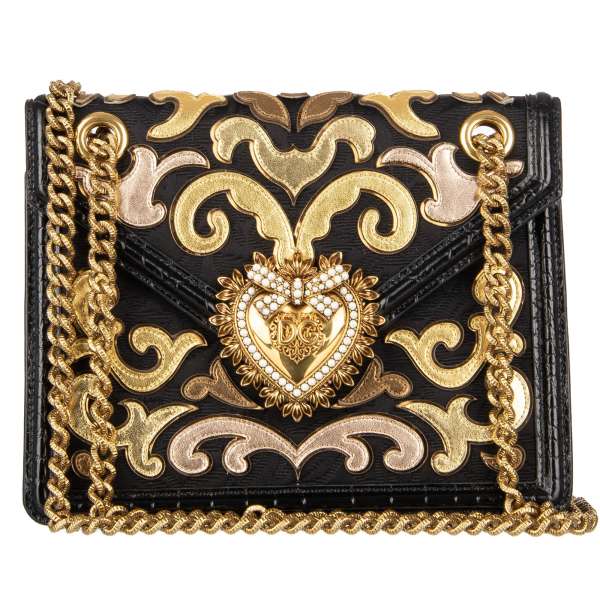 Medium Crossbody Brocade Bag DEVOTION with mordore patches, crocodile printed leather sides and trims, jeweled heart buckle with DG Logo and structured metal chain strap by DOLCE & GABBANA