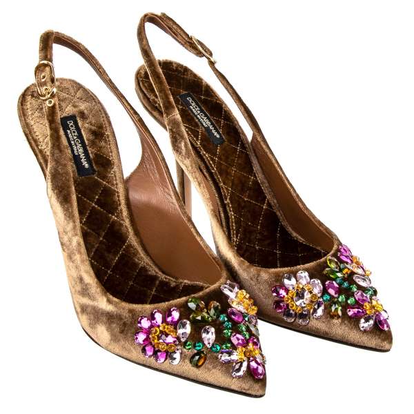 Velvet Slingbacks Pumps BELLUCCI embellished with crystal floral embroidery by DOLCE & GABBANA