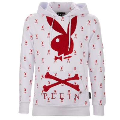 Logo Bunny Printed Hoodie with Crystals White Red