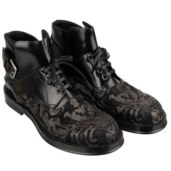 Baroque pattern Leather Boots PERUGINO with lace closure in black by DOLCE & GABBANA 