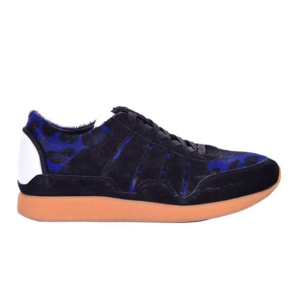 Pony fur low-top sneakers with leopard print in black and blue by DOLCE & GABBANA Black Label 