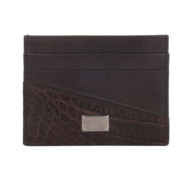 Crocodile and calf leather cards etui wallet with DG logo plate in brown by DOLCE & GABBANA