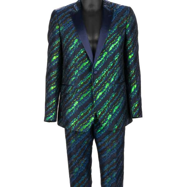 Peacock pattern jacquard single-breasted suit with shawl lapel in green, gray, blue and gold by DOLCE & GABBANA