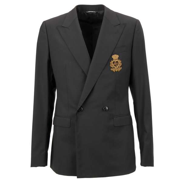 Double-Breasted blazer with goldwork DG Lgo Heart Crown embroidery and peak lapel in black by DOLCE & GABBANA SARTORIA