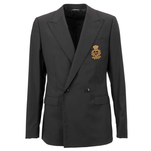 Zweireihiger Blazer mit DG Logo Herz Krone Goldstickerei und spitzem Revers in Schwarz von DOLCE & GABBANA