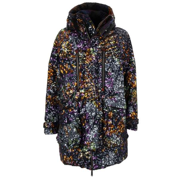 Padded parka jacket made of cotton with sequins embroidery, hood and many pockets by DSQUARED