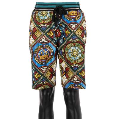 Cotton Sweatshorts with Napoleon Motive Print and Pockets Black Red 48 M