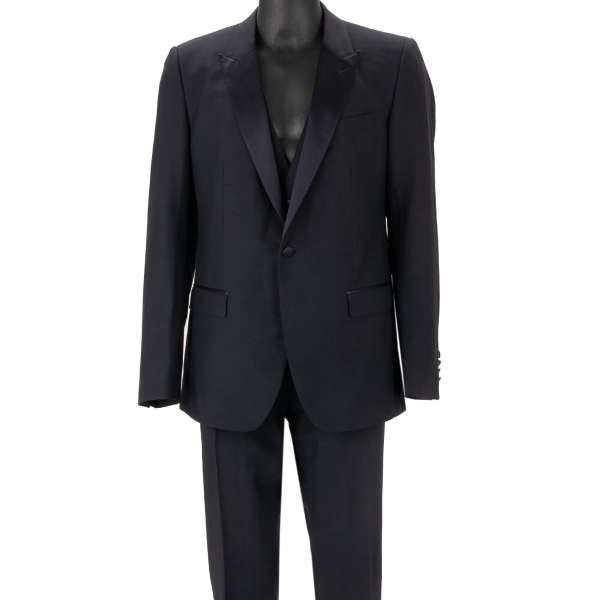 Virgin wool 3 piece suit, jacket, waistcoat, pants with peak silk lapel in dark blue by DOLCE & GABBANA 