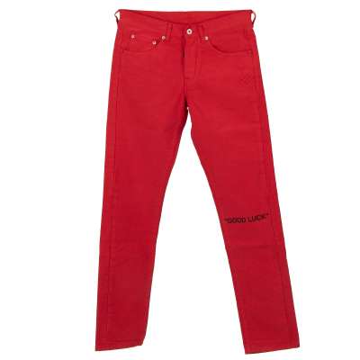 Off-White Virgil Abloh Good Luck Slim Jeans with Print and Logo Red 31 S