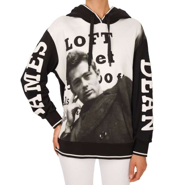 Oversize cotton Sweater / Sweatshirt embellished with James Dean Print and Patches on the sleeves in black and white by DOLCE & GABBANA