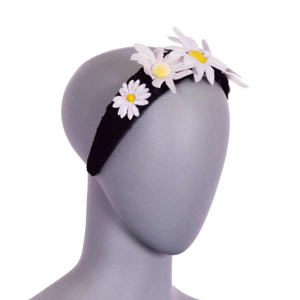 Lace Hairband embelished with Silky and Velvet Camomiles in White and Black by DOLCE & GABBANA