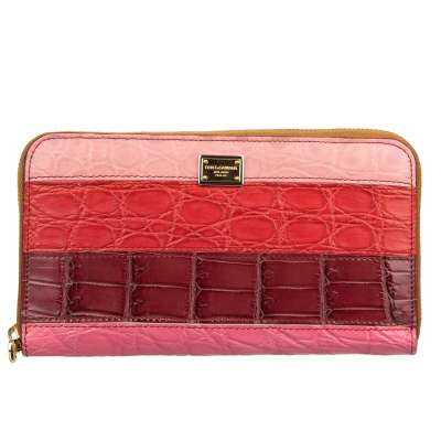 Striped Patchwork Crocodile Leather Zip-Around Wallet Red Pink