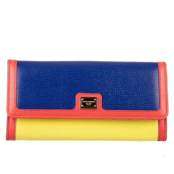 Dauphine Leather long wallet with snap button closure and logo plate in blue, yellow and pink by DOLCE & GABBANA