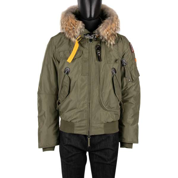 Short Bomber / Down Jacket GOBI with a detachable real fur trim, hoody, many pockets and a removable down-filled lining in Military Green / Khaki