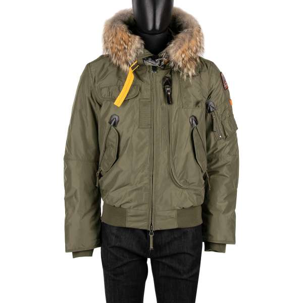 Bomber / Daunenjacke GOBI mit abnehmbarem Echtpelzbesatz, Kapuze, vielen Taschen und herausnehmbarem Daunenfutter in Military Grün / Khaki