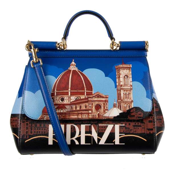 Hand-/ Schultertasche MISS SICILY aus bedrucktem Dauphine Kalbsleder mit Print FIRENZE (Florenz) und Logo Plakette von DOLCE & GABBANA