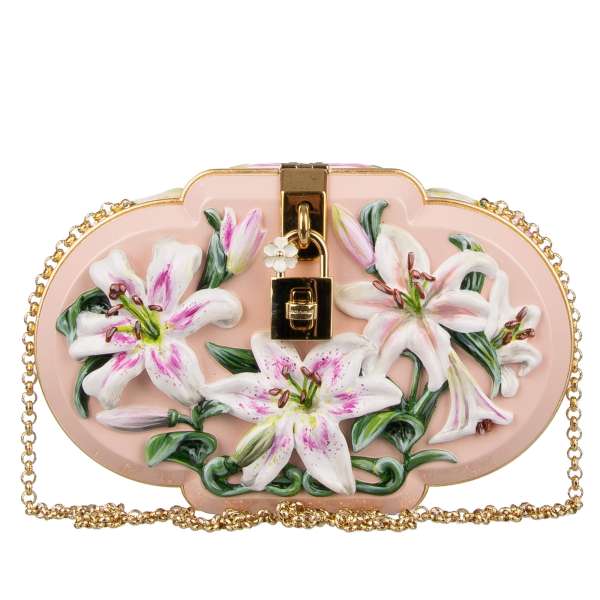Slipcases inspired, Lilies hand-painted Clutch Bag DOLCE BOX made of resin with decorative padlock with enamel flower by DOLCE & GABBANA