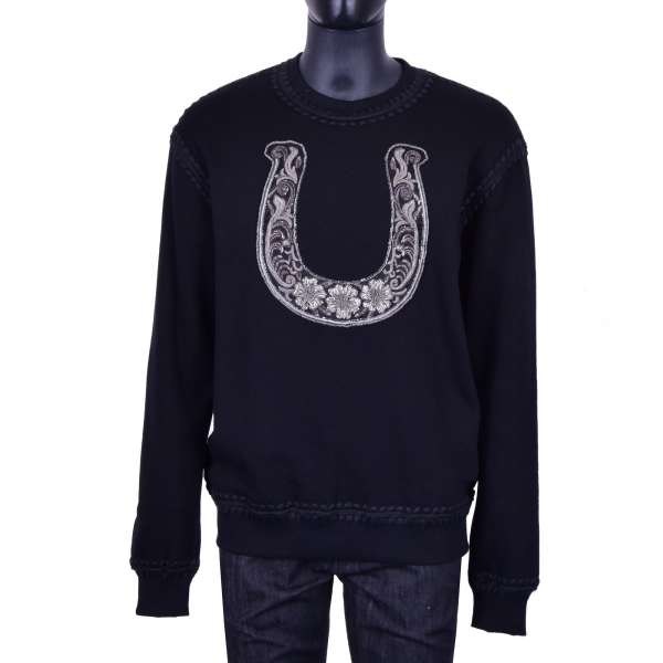 Baroque sweater with hand made horseshoe pearls and metal threads embroidery in Black by DOLCE & GABBANA Black Line