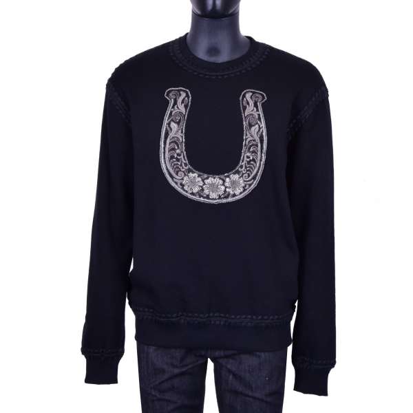 Barock Sweater mit Hufeisen Handstickerei aus Perlen und Metalfasern in Schwarz von DOLCE & GABBANA Black Label