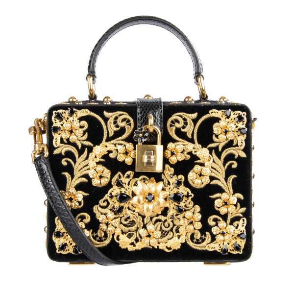 Barock Handtasche / Schultertasche / Clutch DOLCE BOX aus Ayers Schlangeleder und Samt mit Gold Stickerei, Messing Blumen mit Kristallen und dekorativem Schloss mit Blume in Gold und Schwarz von DOLCE & GABBANA