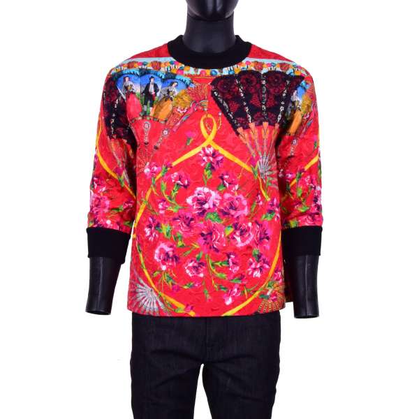 Spanish style 3/4-sleeves brocade sweater with carnation print by DOLCE & GABBANA Black Line