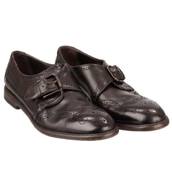 Vintage Style Leather derby shoes MICHELANGELO with buckle closure and decorative components in black by DOLCE & GABBANA