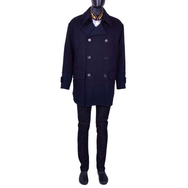 Double-breasted Oversize Wool Short Coat in Blue by DOLCE & GABBANA