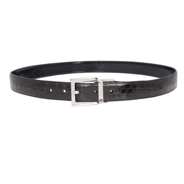 Reversable Classic Crocodile Leather and patent leather belt with silver buckle in black by DOLCE & GABBANA