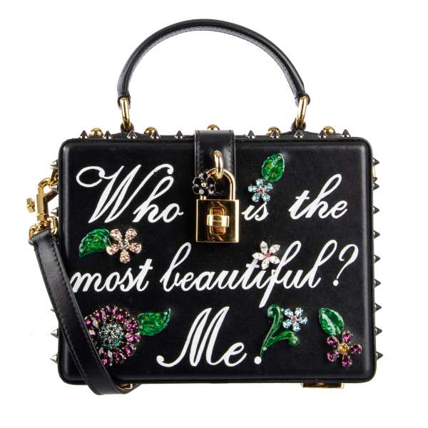 Handtasche / Schultertasche / Clutch DOLCE BOX aus weichem Leder mit "Who Is Most Beautiful? Me" Motiv mit Kristallen, Blumen und bemalter Schrift von DOLCE & GABBANA