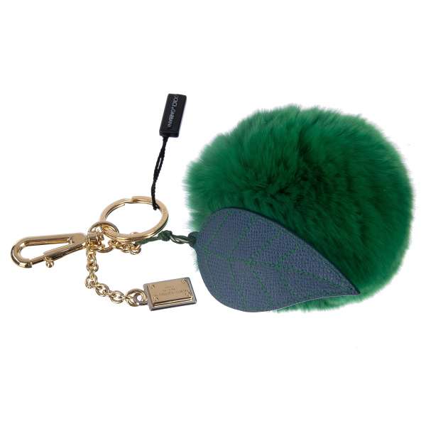 Apple Fur Key Chain / Bag Charm embellished with DG logo plate in gold and green by DOLCE & GABBANA