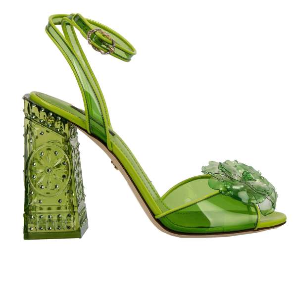 Cinderella Crystal Heel Sandals KEIRA with flower in green by DOLCE & GABBANA