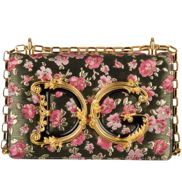 Floral Clutch / Crossbody Bag DG GIRLS made of brocade and nappa leather with a large enameled baroque style DG Logo and vintage chain strap by DOLCE & GABBANA