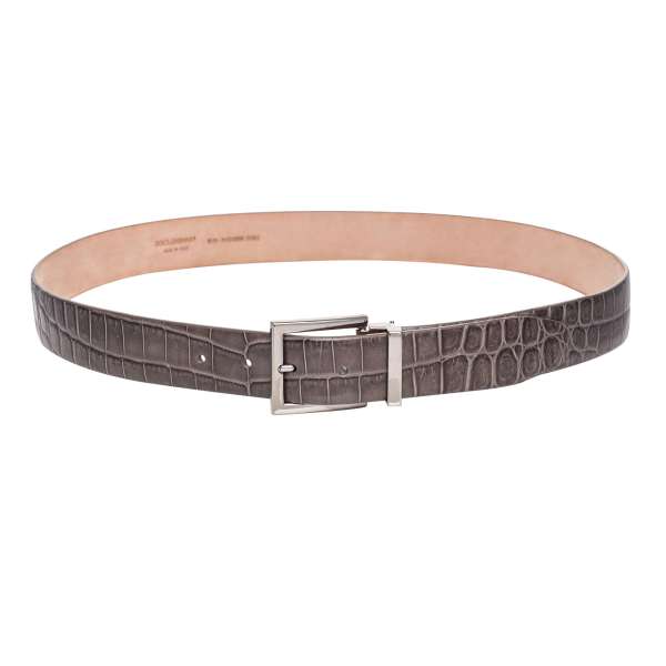 Crocodile Leather belt with metal buckle in blue and silver by DOLCE & GABBANA