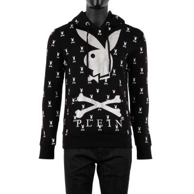 Crystals Logo Embroidered Bunny Hoodie Sweater Black White