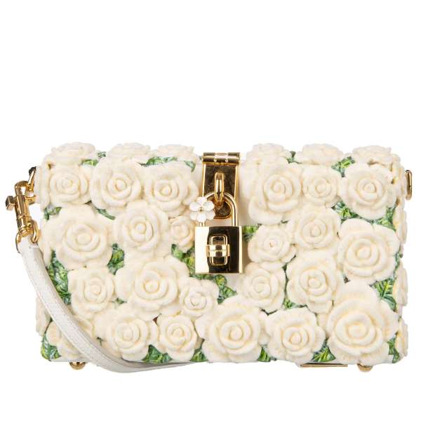 Unique handcrafted wooden shoulder bag / clutch DOLCE BOX with a white roses all-over and decorative padlock with flower by DOLCE & GABBANA