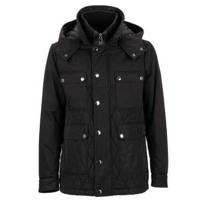 Hooded Quilted Parka Style Jacket with Pockets Black