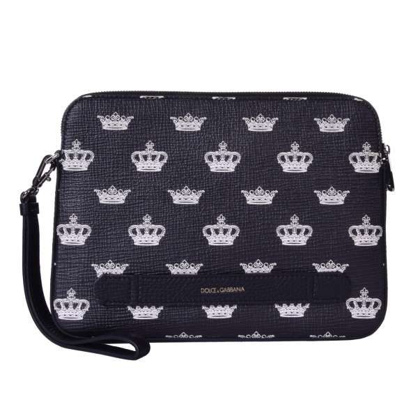 Plamellato Leather document pouch / bag with crowns print, handstrap, separate pockets and logo print by DOLCE & GABBANA