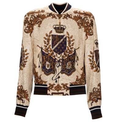 Barock Krone Löwe Print Seide Bomberjacke Jacke Beige Blau 46 S 