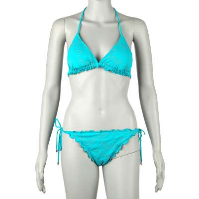 Gepolsterter Triangel Bikini mit Floraler Stickerei Azur Blau L