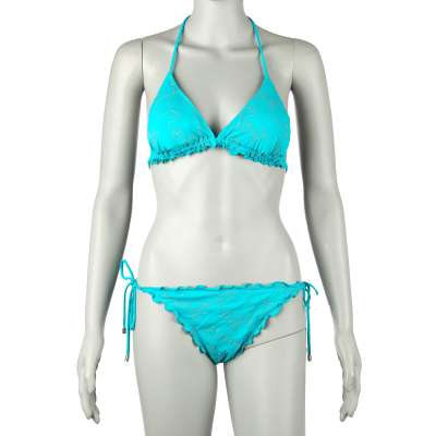 Floral Embroidered Triangle Bikini Azure Blue L